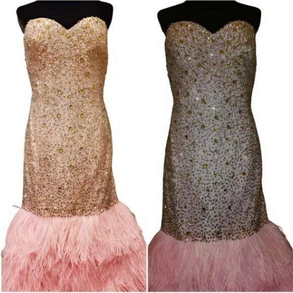 Couture Luxurious Ostrich Feathers Designer Embroidery Evening Prom Gown Dress - Picture 12 of 16